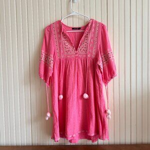 Love Sam‎ Pink Embroidered Cotton Gauze Boho Mini Dress Tassel Pom Pom Womens S